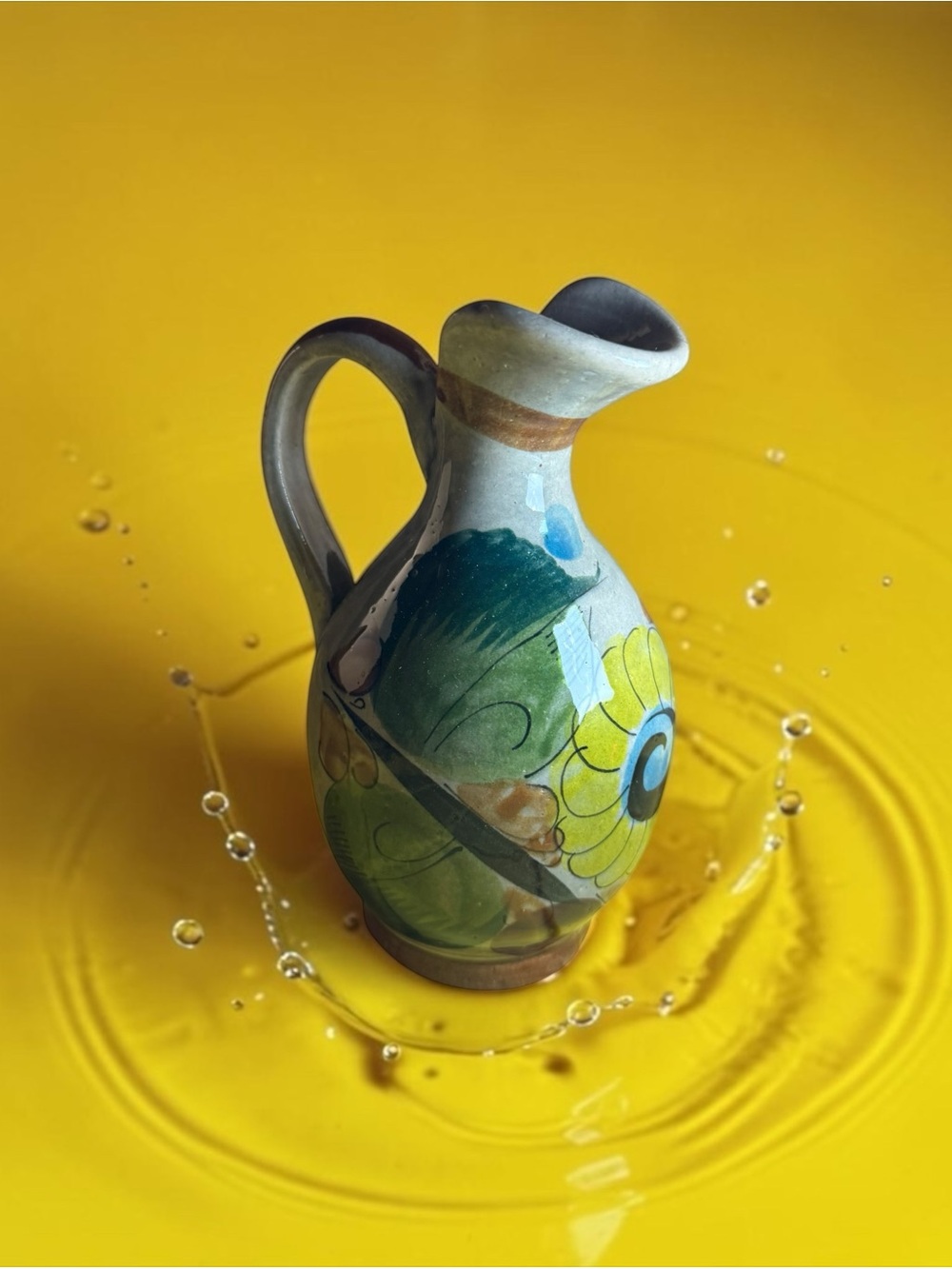 Hand-Painted Ceramic Pitcher Vase in Yellow and Green signed JA Mexico